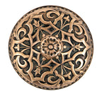 single entrance size ornamental cast bronze c. 1870's intricately designed residential entrance door handle with a banded edge and raised center