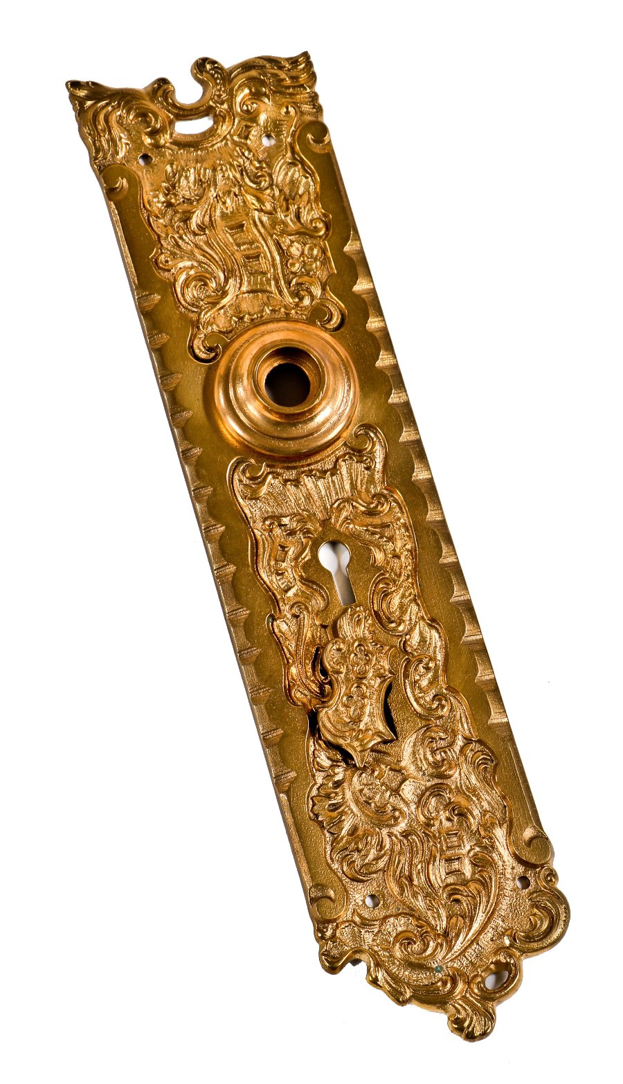 oversized late 19th or early 20th century antique american ornamental cast bronze "belfort" pattern exterior chicago graystone entrance door backplate with intact swinging keyhole cover