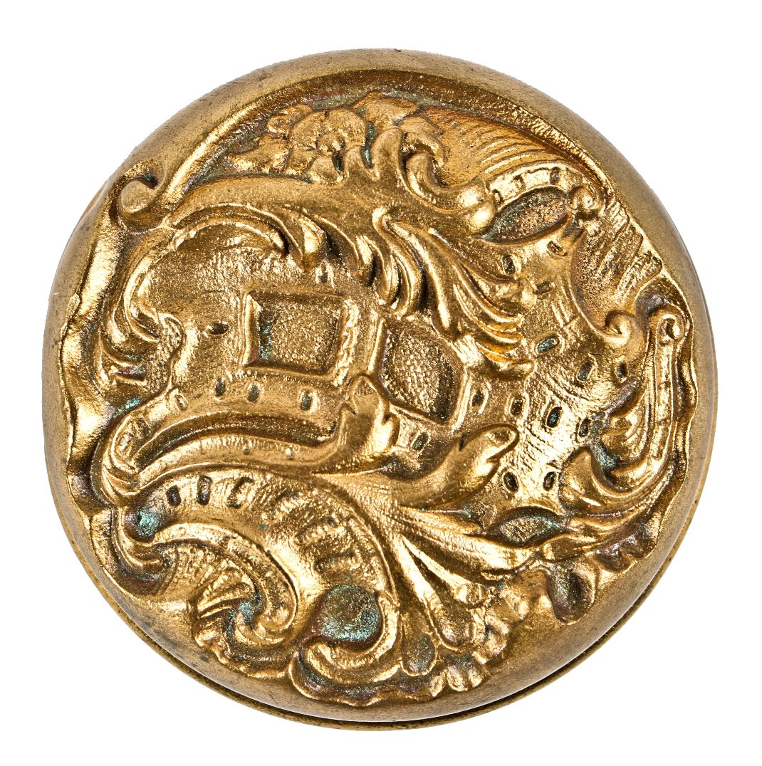 single late 19th or early 20th century antique american rococo style "belfort" pattern cast ornamental bronze chicago graystone doorknob with nicely aged surface patina