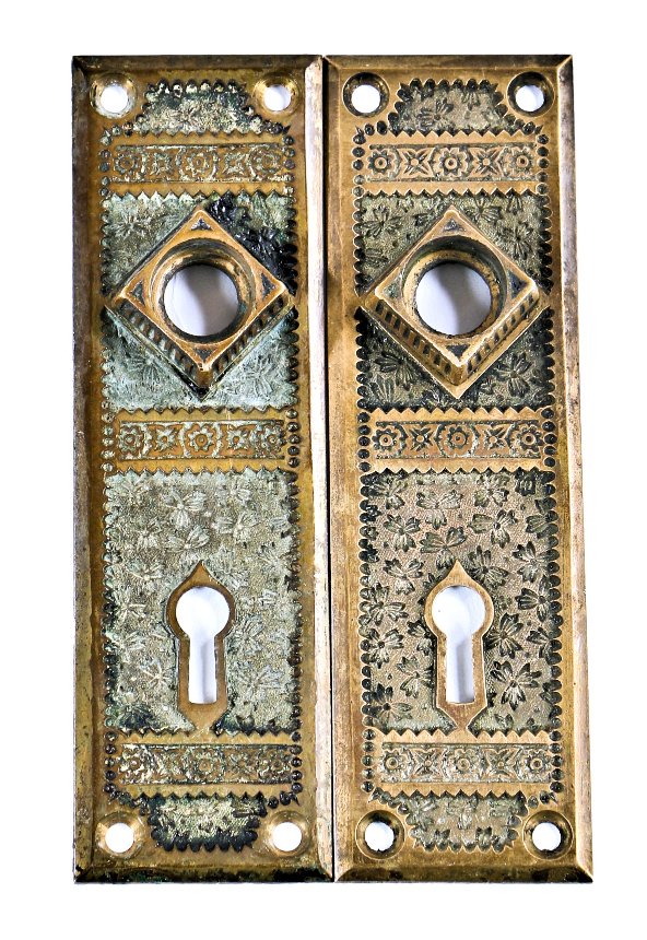 two matching "ivy" pattern antique american eastlake style interior residential cast bronze passage door backplates or escutcheons with protruding shank collars or thimbles