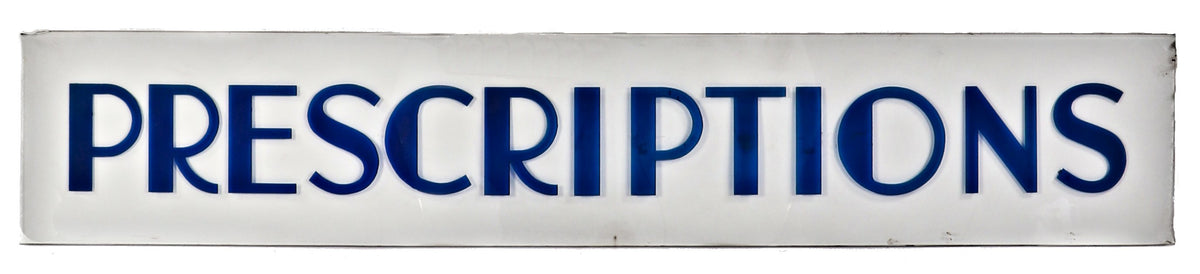 original oversized antique american art deco style downtown chicago pharmacy single-sided deeply etched art deco style "pharmacy" sign with original blue enameled inlay