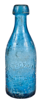 single rare and all original antique mid-nineteenth century light cobalt blue glass iron pontiled soda bottle fabricated for new york bottlers dearborn & co.