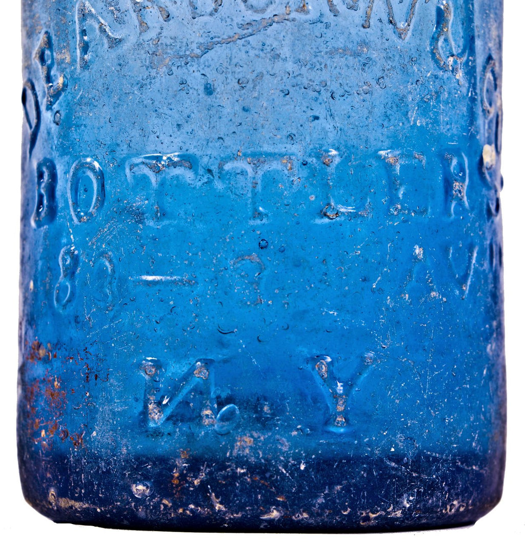 single rare and all original antique mid-nineteenth century light cobalt blue glass iron pontiled soda bottle fabricated for new york bottlers dearborn & co.