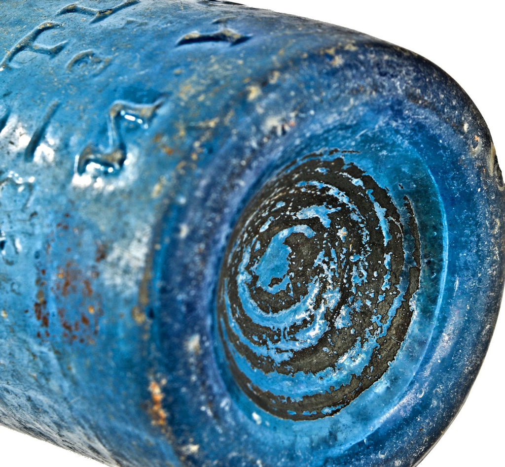 single rare and all original antique mid-nineteenth century light cobalt blue glass iron pontiled soda bottle fabricated for new york bottlers dearborn & co.