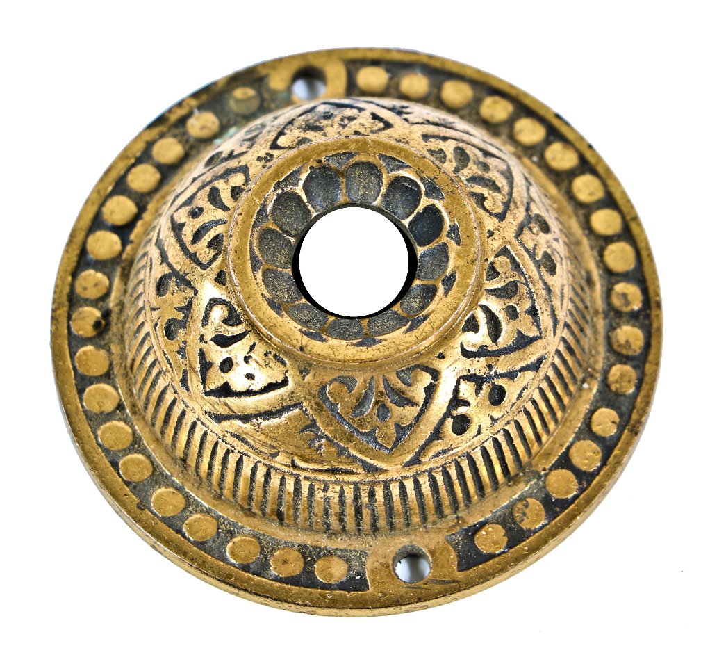 one of four matching c. 1880's ornamental cast bronze exterior residential circular-shaped push button doorbell covers or backplates with nicely aged patina