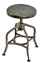 completely refinished and fully functional antique american industrial pressed and folded steel "uhl art steel" adjustable height toledo stool with perforated steel seat