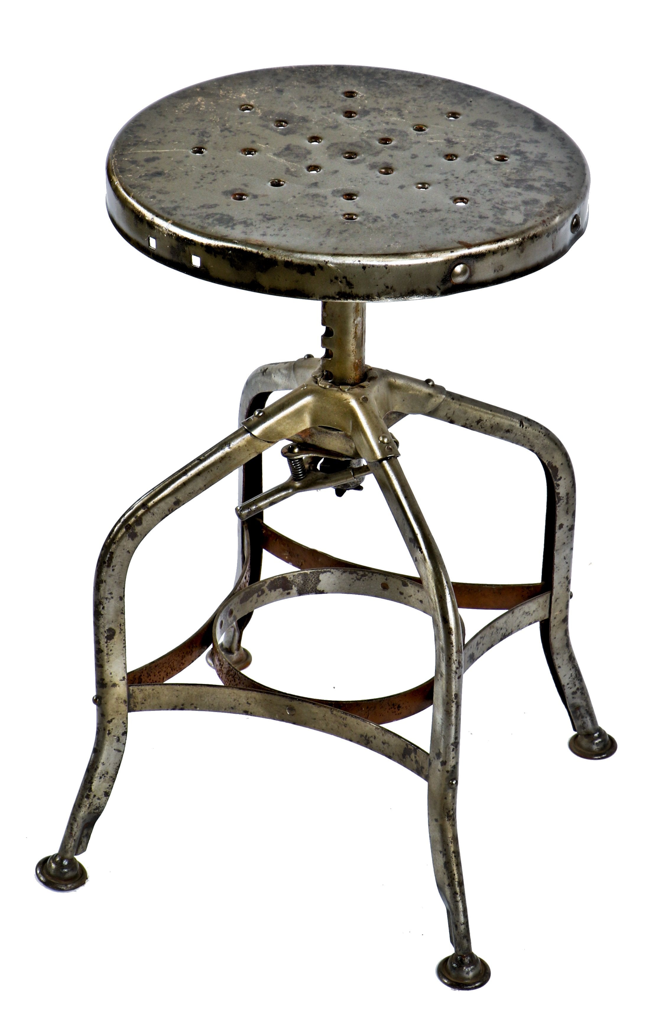 completely refinished and fully functional antique american industrial pressed and folded steel "uhl art steel" adjustable height toledo stool with perforated steel seat