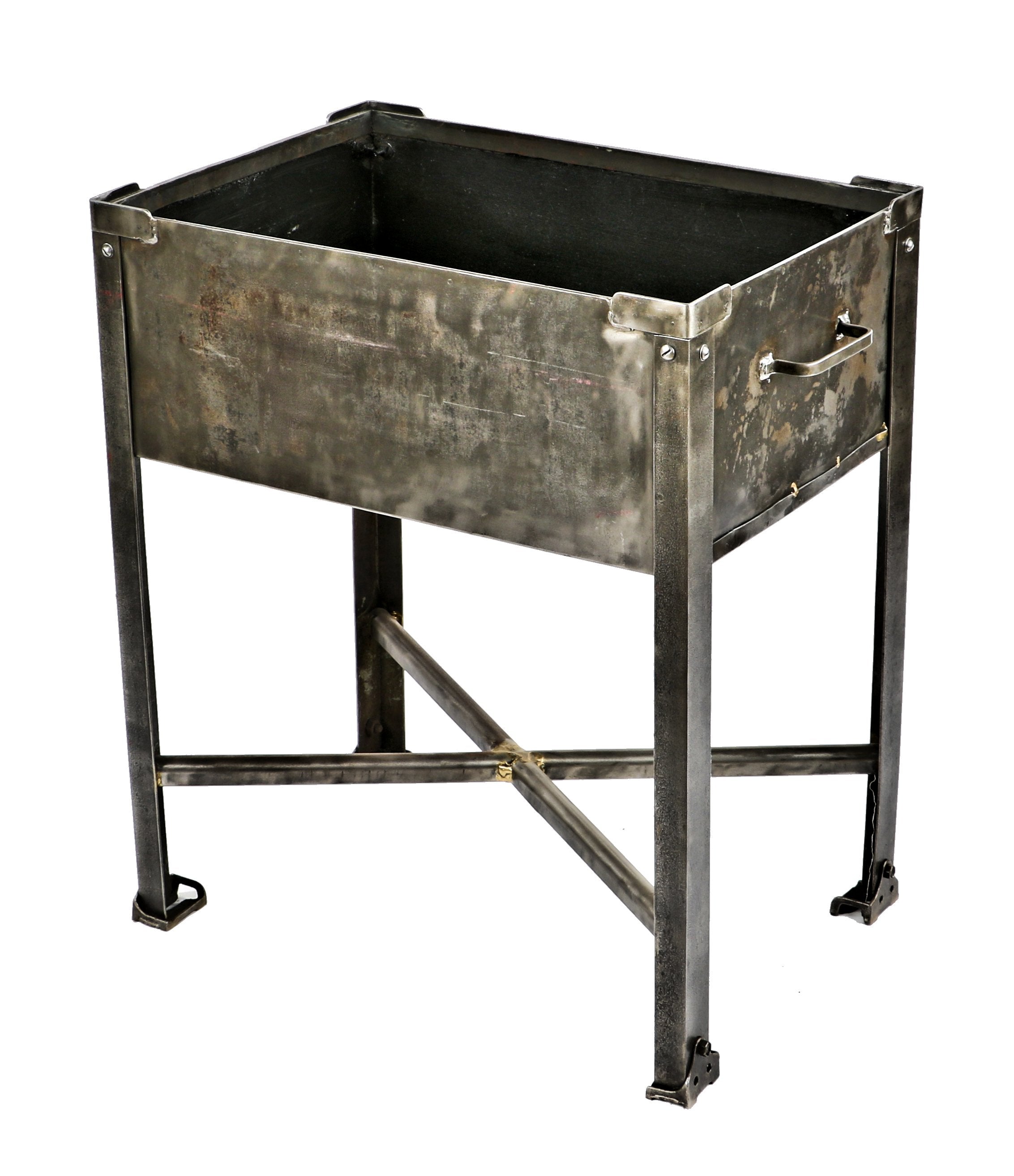 unique depression era lightweight brushed heavy gauge pressed and folded steel "oily rag" wash tank with opposed welded joint handles and cross-bracing between the legs