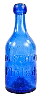 rare and all original intact privy dug antique american mid-nineteenth century vibrant cobalt blue glass cylindrical iron pontiled soda bottle manufactured for j. george schoch in philadelphia, pa.