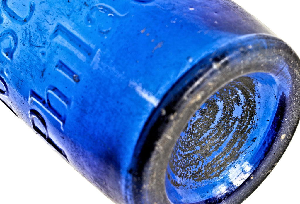 rare and all original intact privy dug antique american mid-nineteenth century vibrant cobalt blue glass cylindrical iron pontiled soda bottle manufactured for j. george schoch in philadelphia, pa.