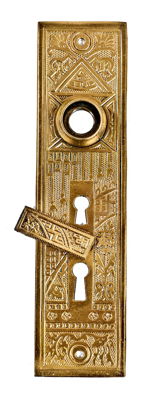 highly desirable 19th century original and intact oversized ornamental cast brass "ceylon" pattern entrance door backplate or escutcheon with swinging keyhole cover