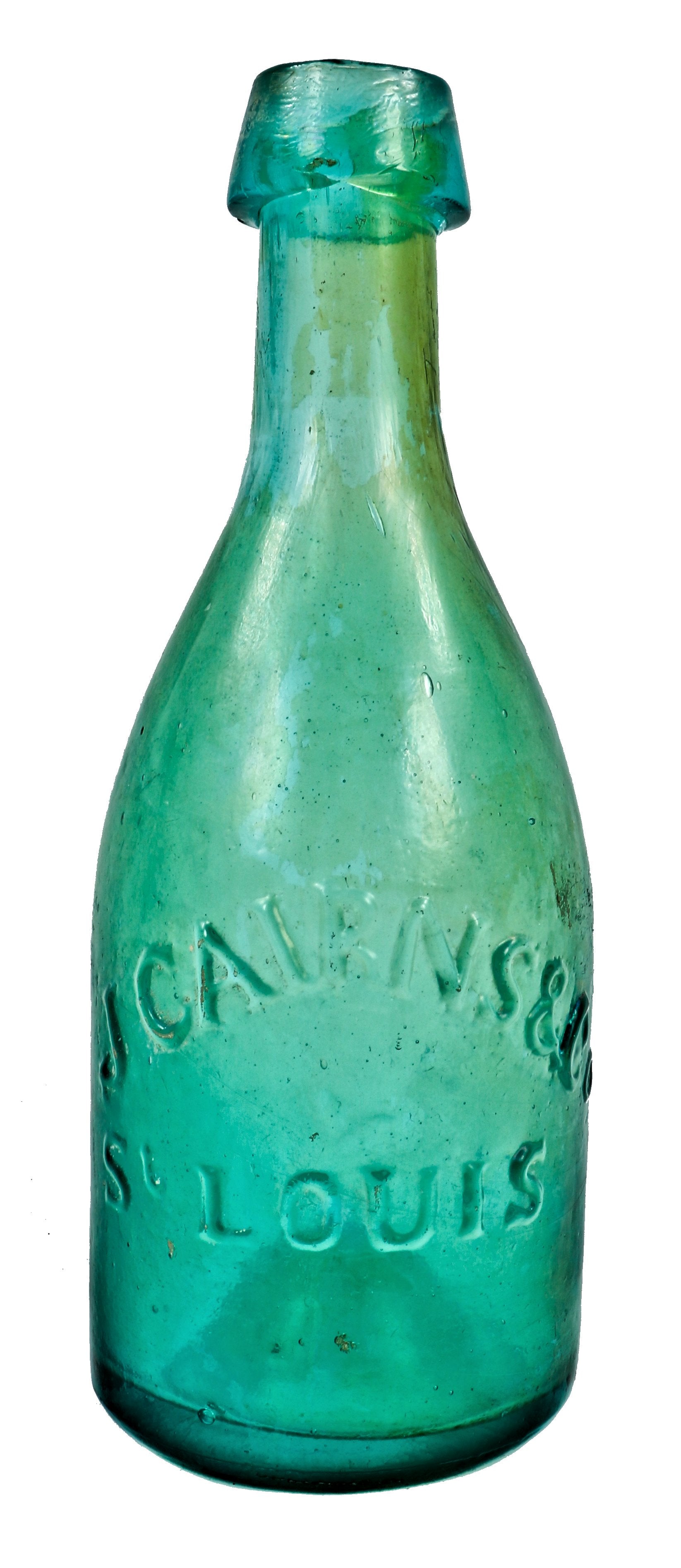 single all original mid-nineteenth century privy-dug light green glass soda bottle fabricated for john cairns & company in st. louis, mo.