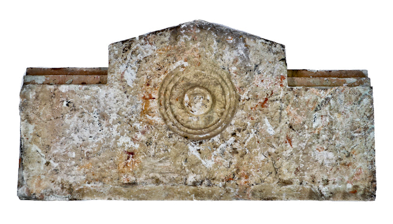 historically important late 1870's or early 1880's american oversized john voltz hall exterior cut "athens" limestone upper floor window hood or header with centrally located bullseye