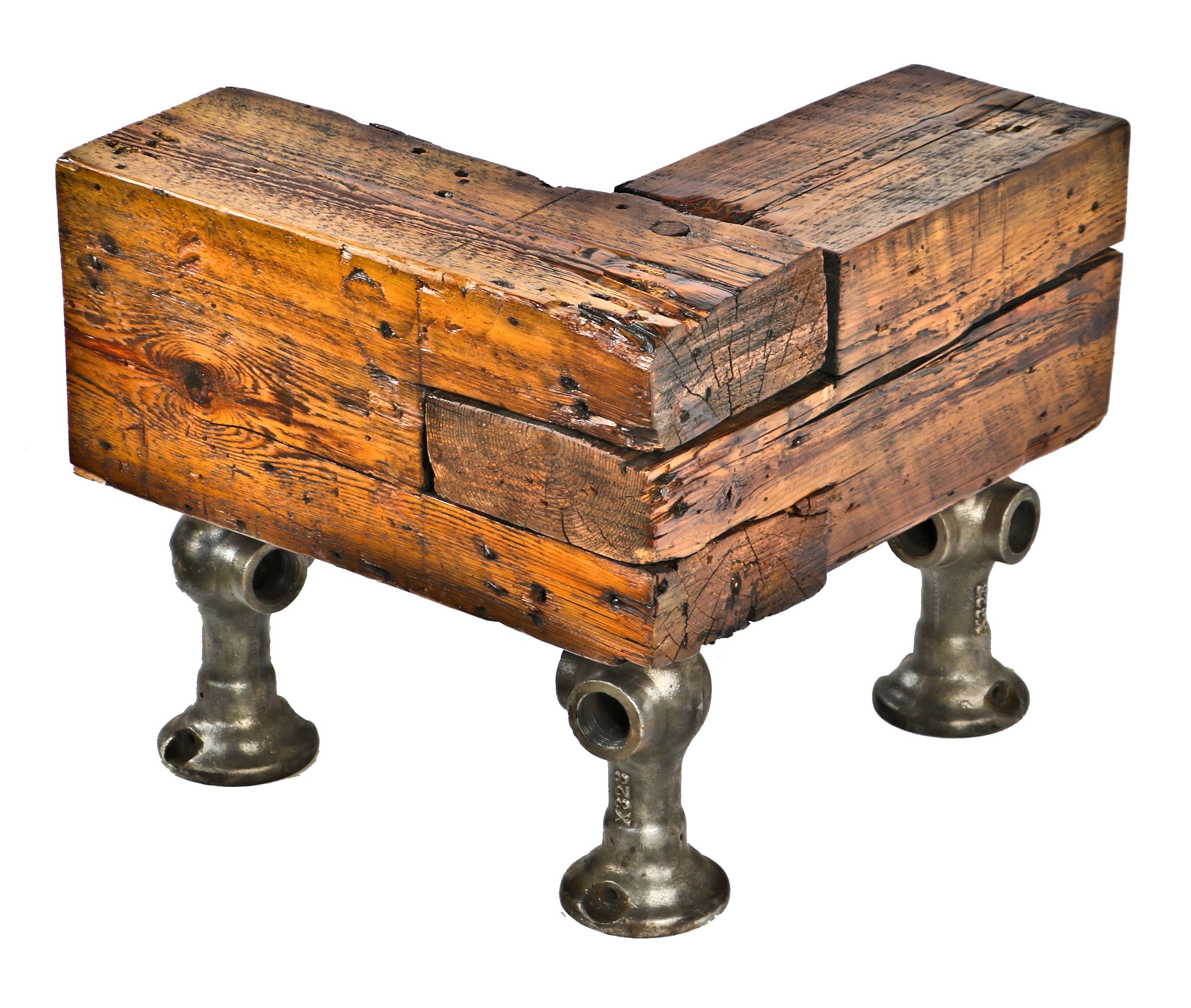 completely refinished and solidly-constructed one of a kind 19th century repurposed chicago balloon frame sill plate segment bench with rare brushed metal cast iron pipe fittings