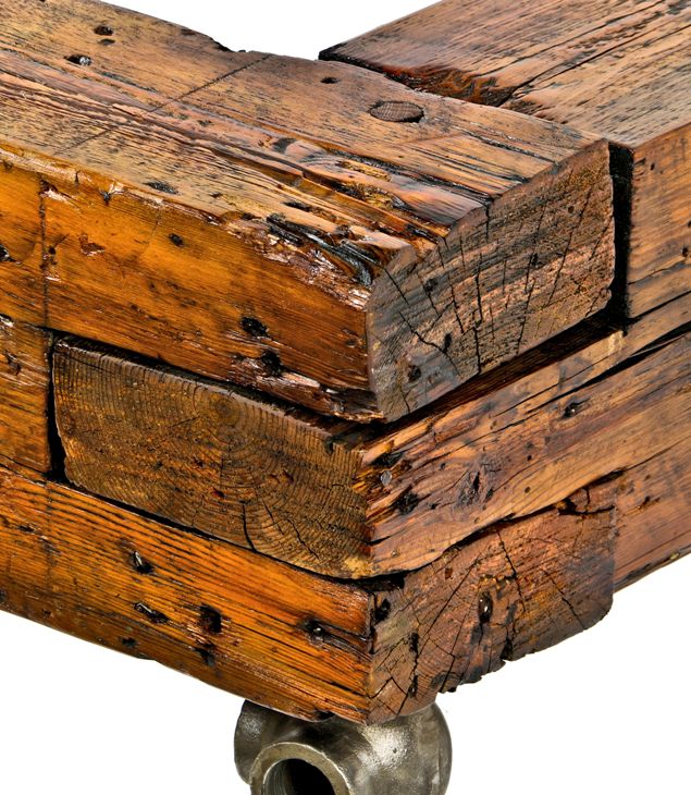 completely refinished and solidly-constructed one of a kind 19th century repurposed chicago balloon frame sill plate segment bench with rare brushed metal cast iron pipe fittings