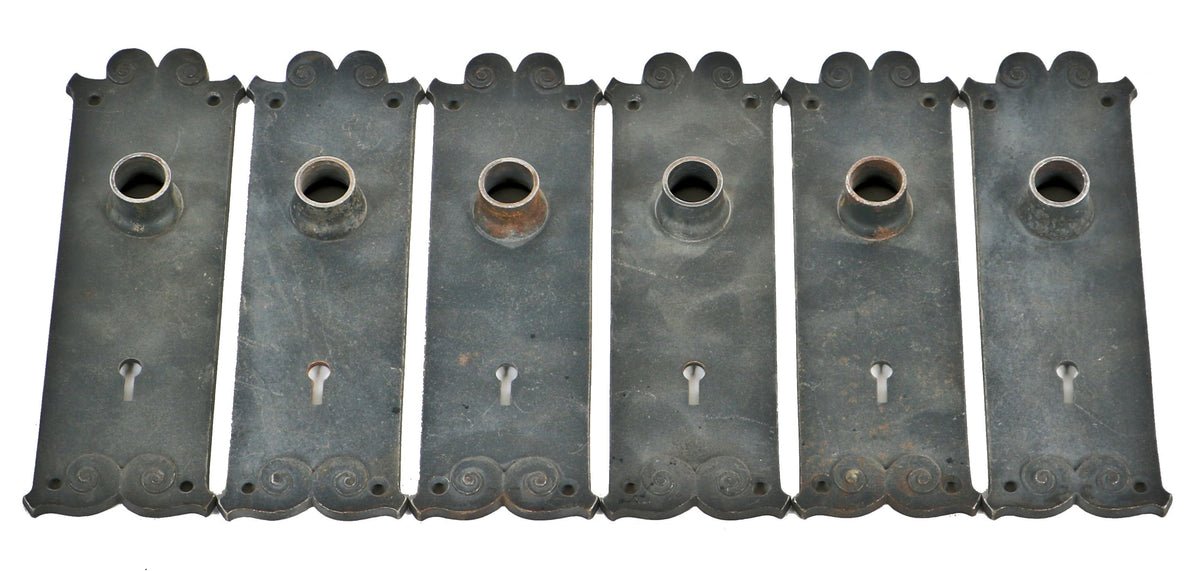 six matching all original bower-barff plated c. 1890's antique american downtown chicago interior reliance building office or passage door escutcheons or backplates