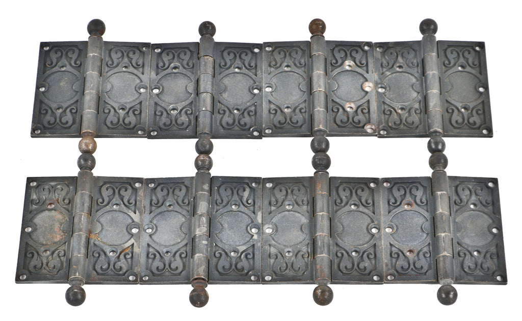 eight matching all original and very well-maintained historic reliance building ornamental cast iron office loose pin hinges with ball finials and bower-barff finish