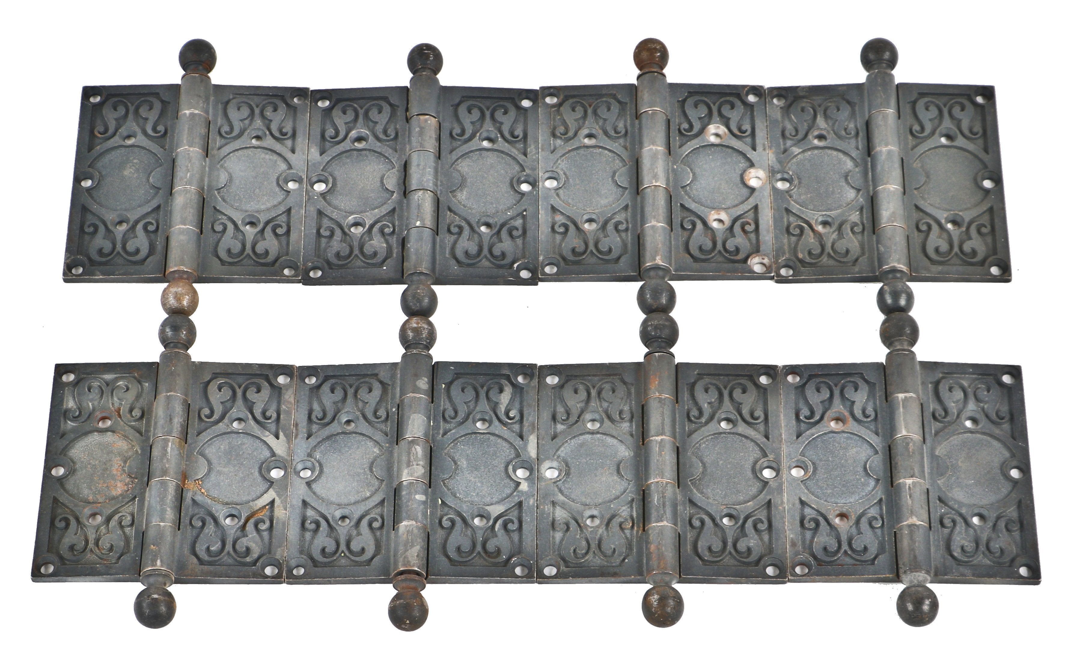 eight matching all original and very well-maintained historic reliance building ornamental cast iron office loose pin hinges with ball finials and bower-barff finish