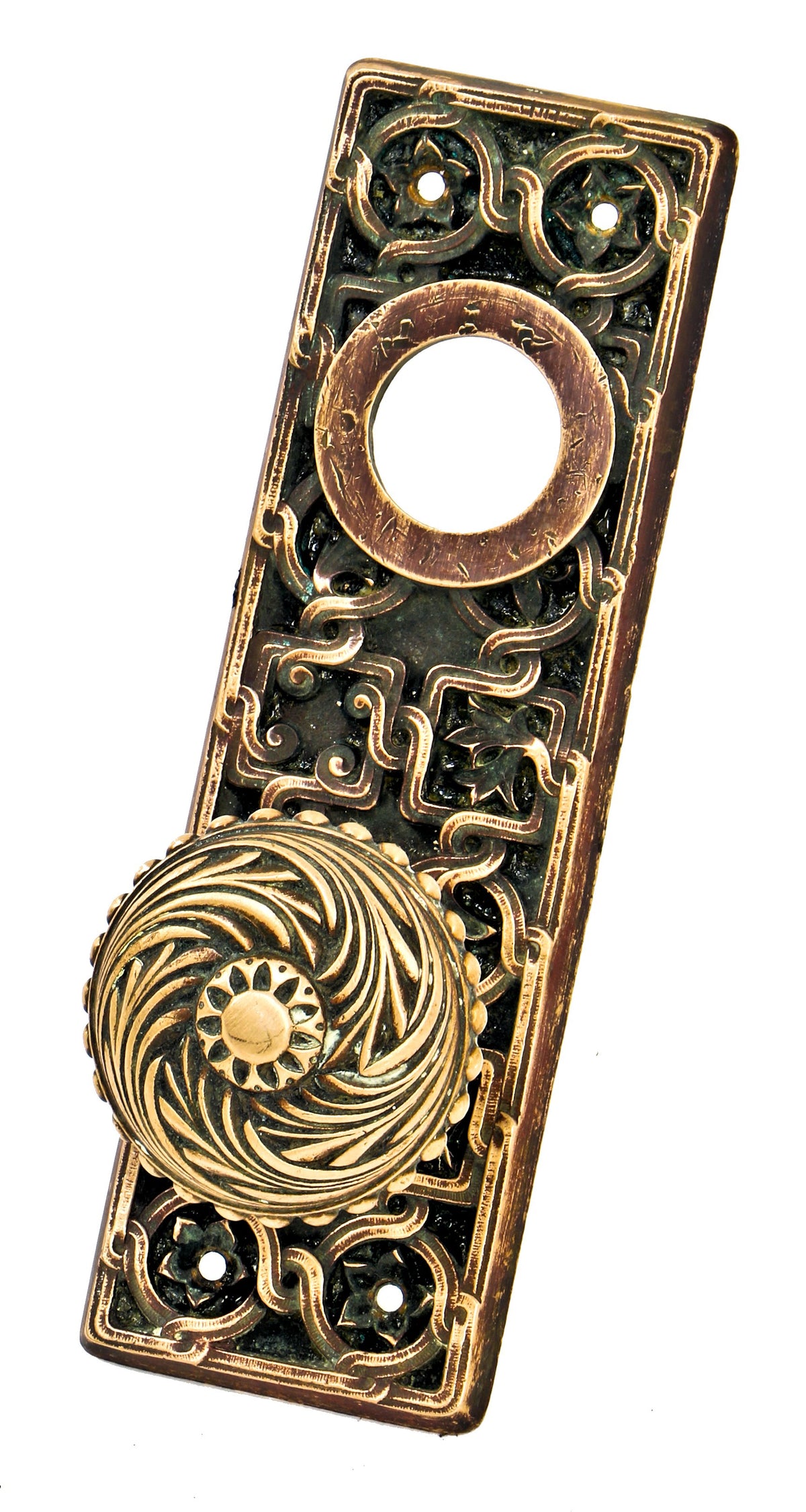 hard to find c. 1890's original ornamental cast bronze pattern "no. 2616" richardsonian romanesque exterior residential entrance door backplate and matching doorknob