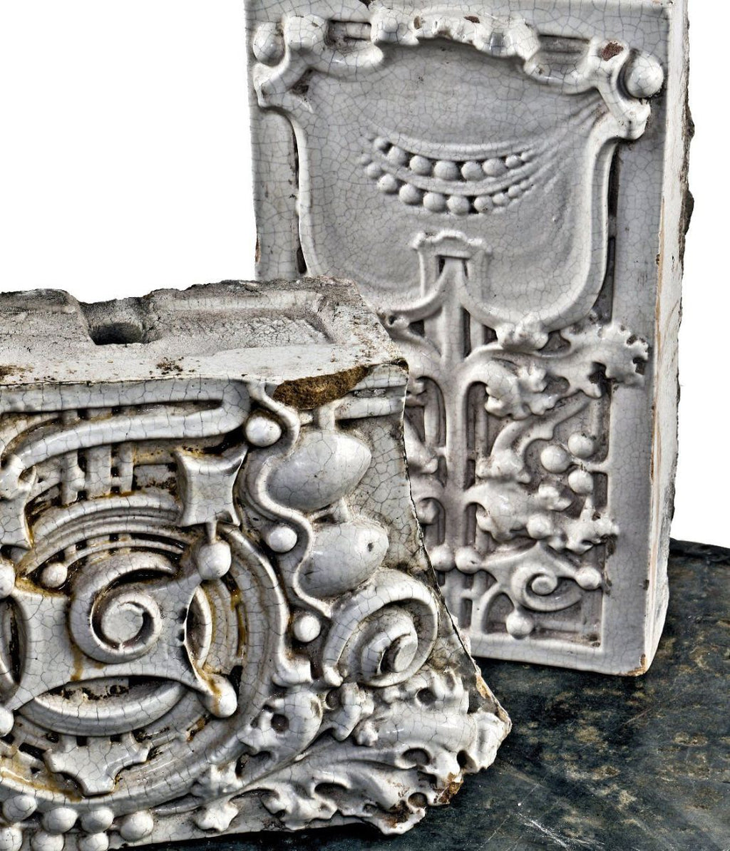 original early 20th century white glazed terra cotta "sullivanesque" building facade block executed by midland terra cotta