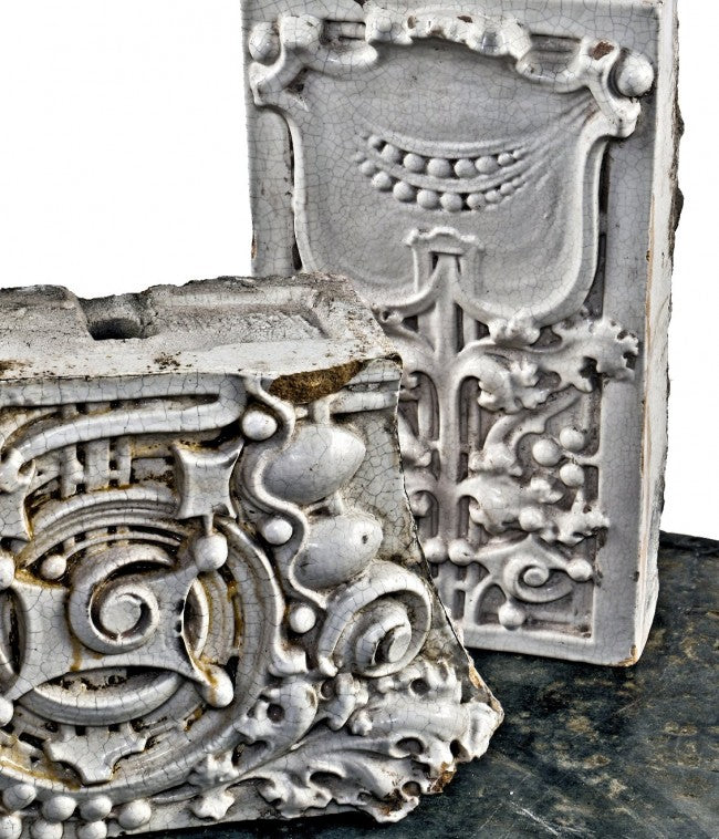 original c. 1920's american white glazed sullivanesque terra cotta chicago auto garage facade mounted panel with rear cavities removed to reduce weight