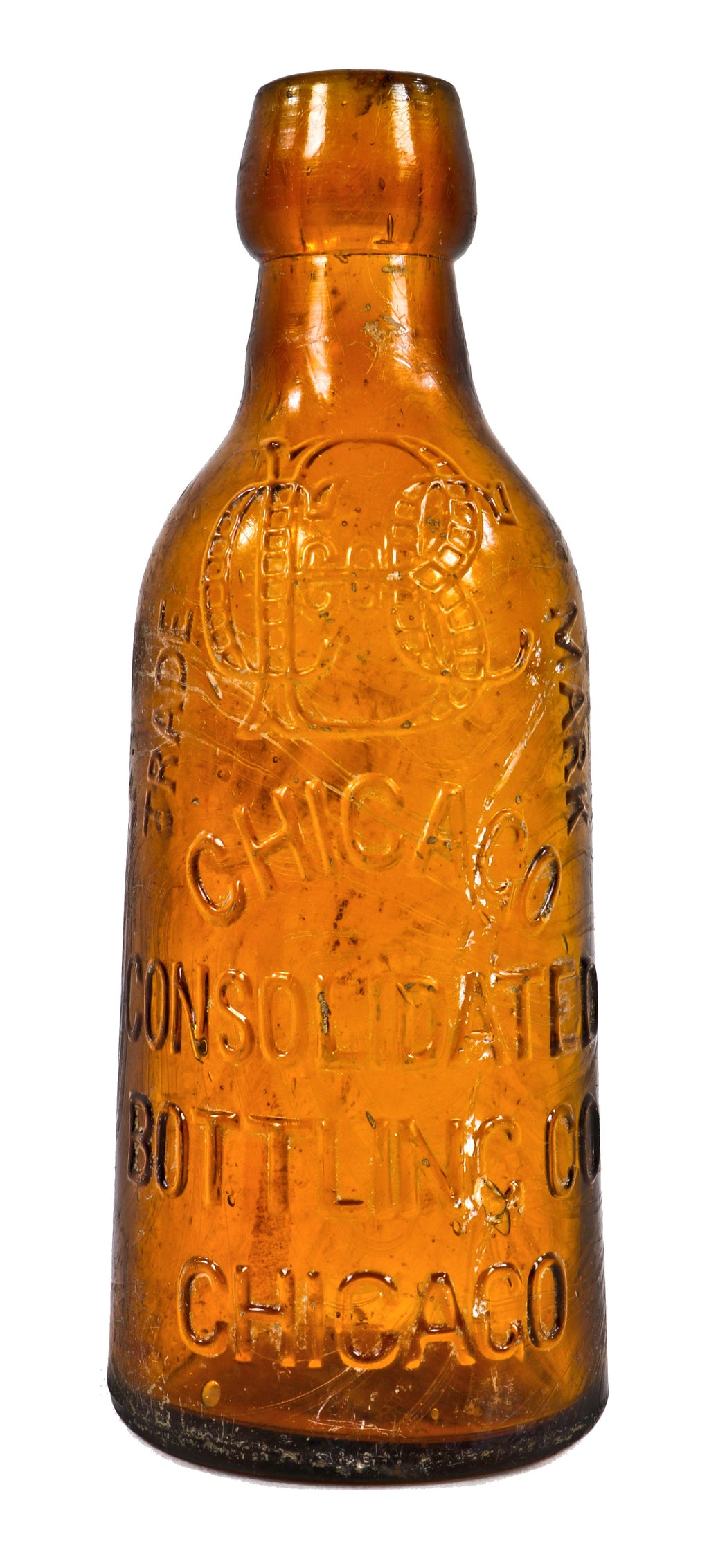 hard to find late nineteenth century privy dug and intact amber blobtop bottle fabricated for the chicago consolidated bottling company