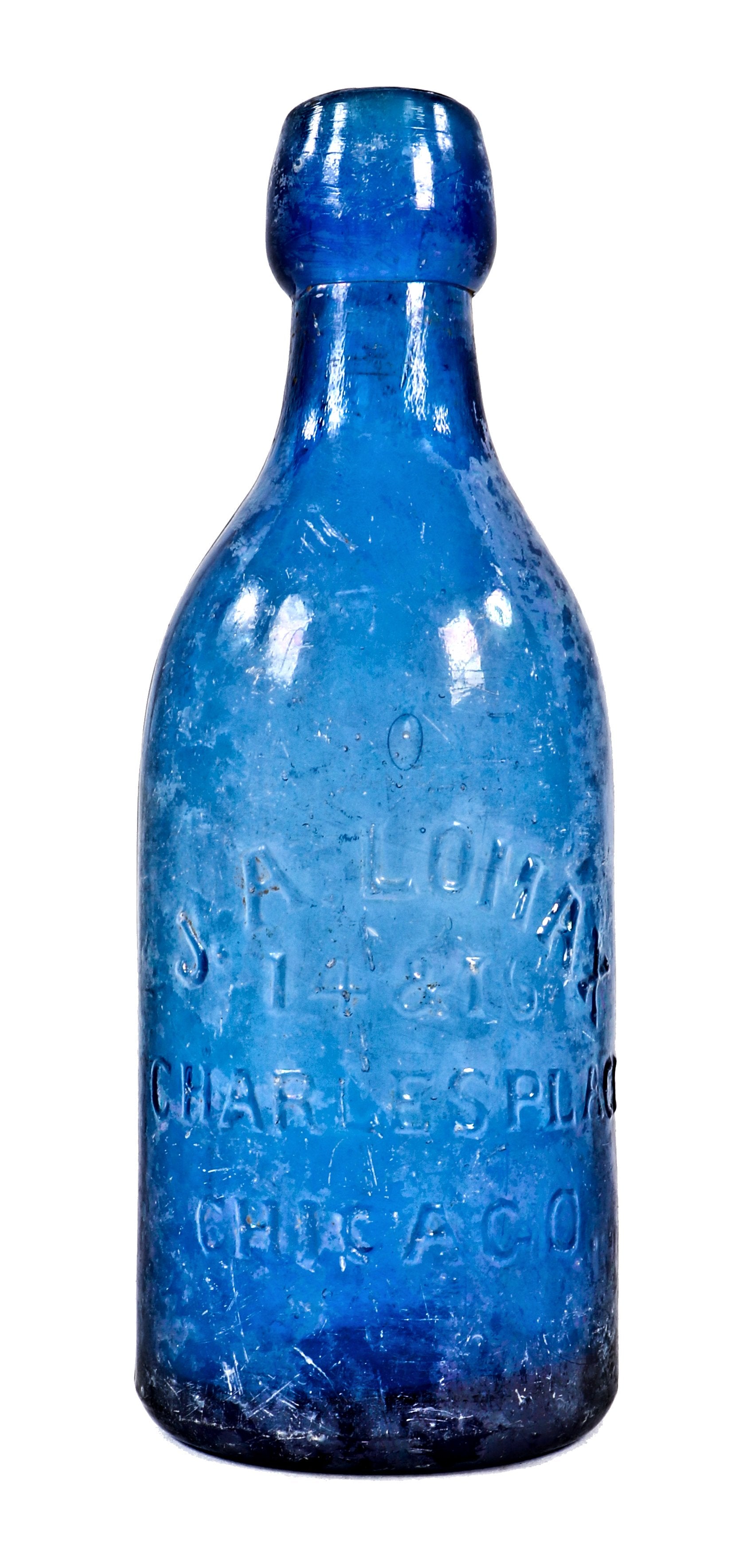 original and intact privy dug c. early 1870's richly colored deep cobalt blue glass john a. lomax applied blobtop soda or mineral water bottle dug from a chicago area privy pit