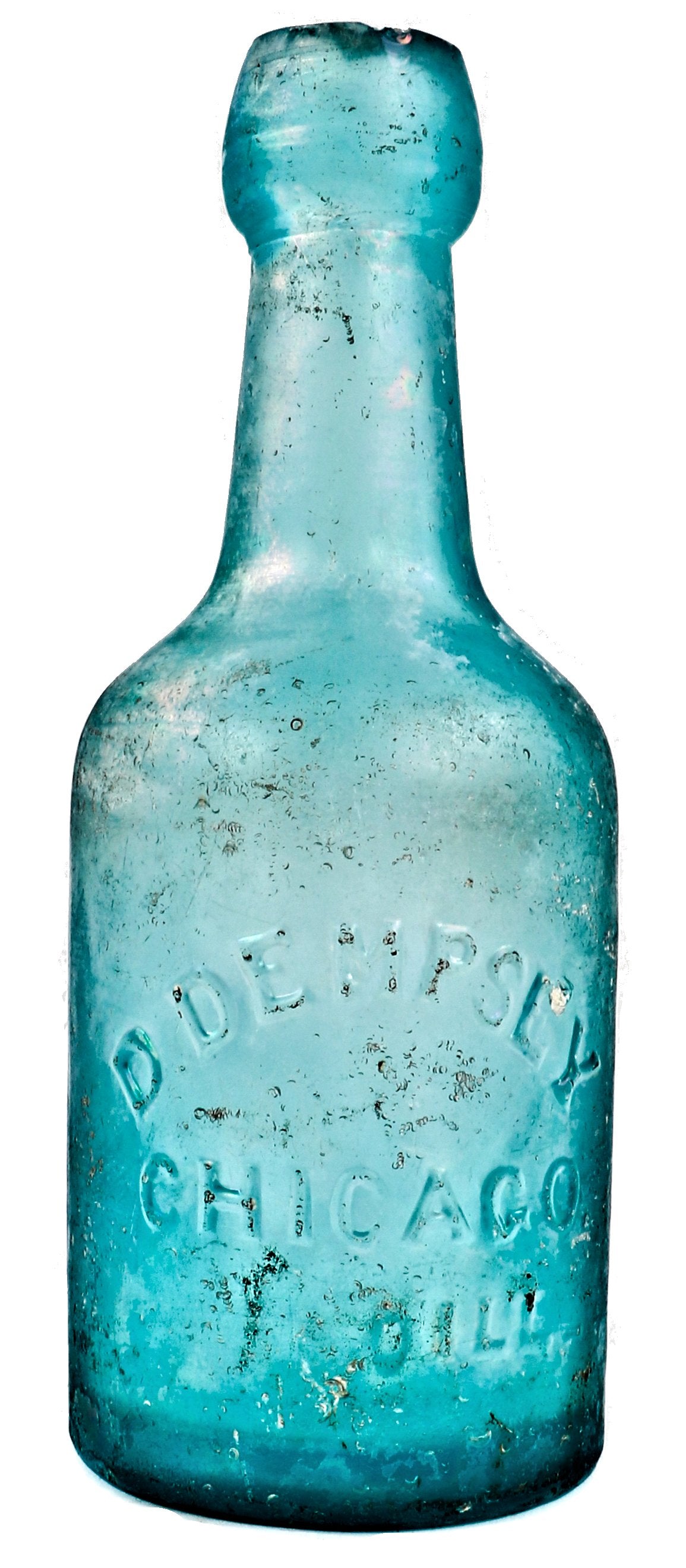 rare all original antique 1870's vibrantly colored and patinated blue aqua glass porter style bottle fabricated for chicago bottler daniel dempsey.