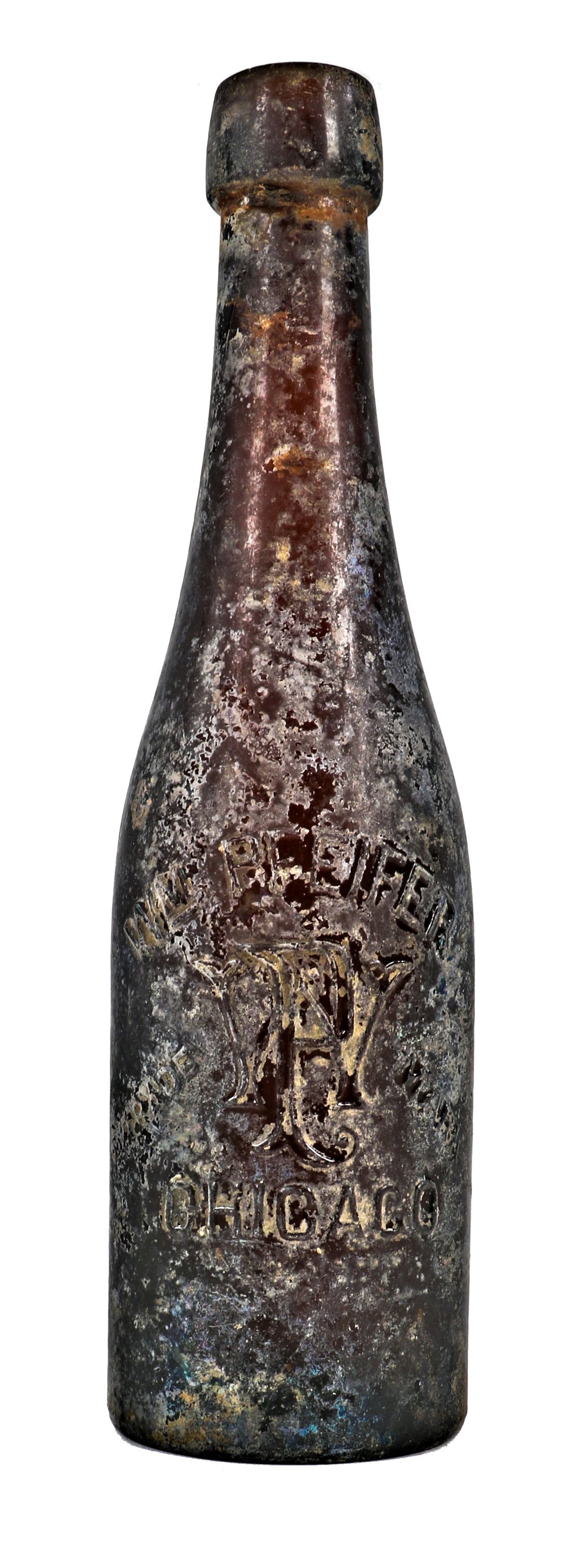 hard to find intact and original late nineteenth century reddish amber glass st. louis weiss style bottle manufactured for chicago bottler william pfeifer