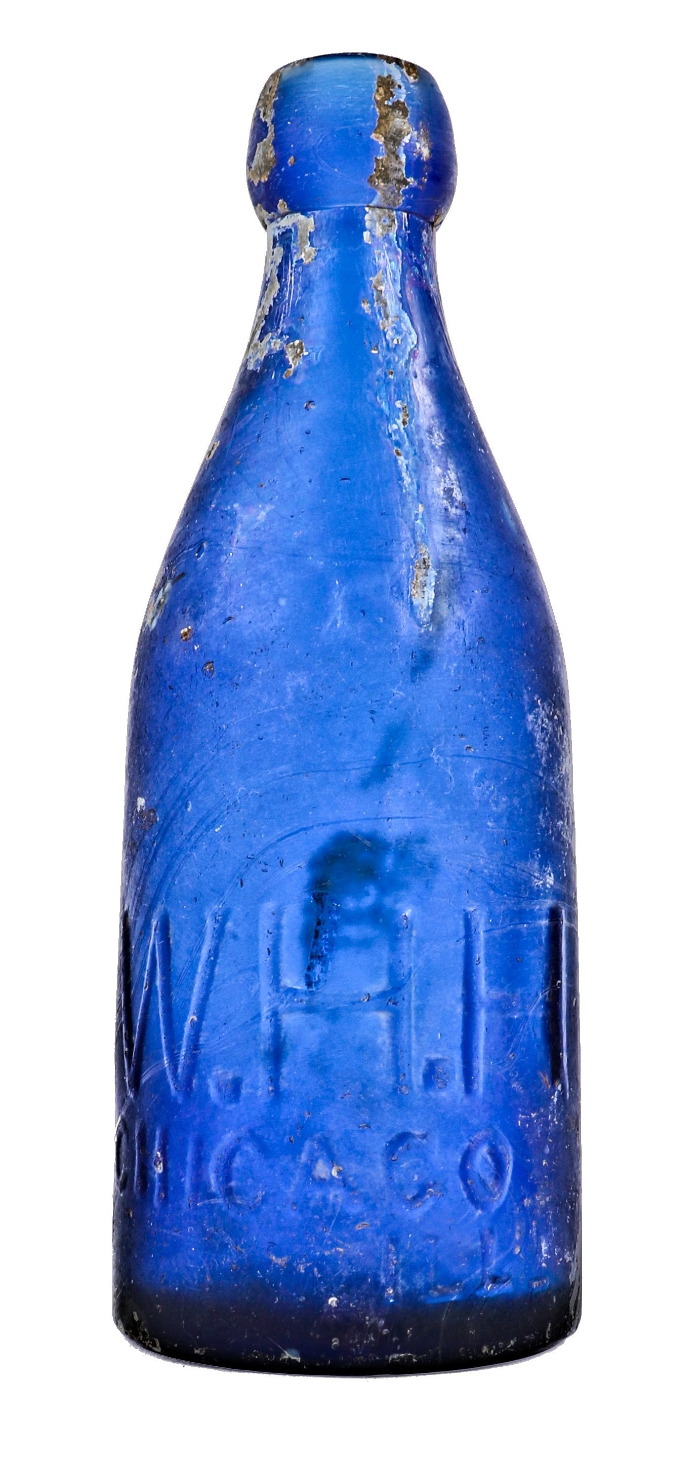 hard to find and all original late nineteenth century antique american deep electric blue glass soda bottle fabricated in pittsburgh for chicago bottling giant william h. hutchinson.