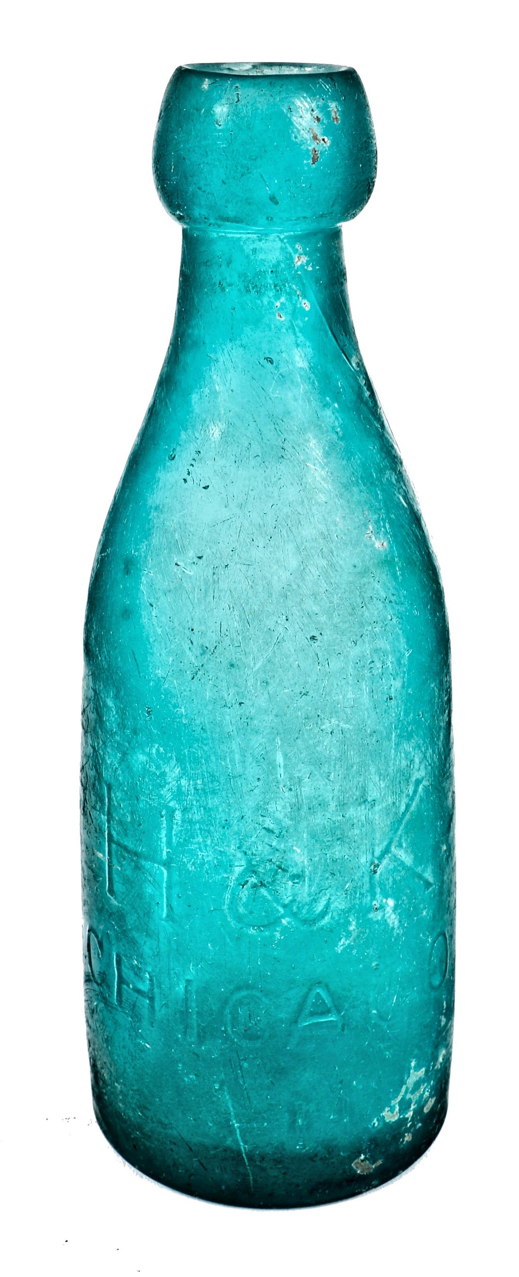 all original and antique c.1870's deep teal aqua glass "h&k" pony blobtop bottle manufactured for hunt & kenyon in chicago, il.