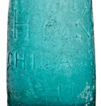all original and antique c.1870's deep teal aqua glass "h&k" pony blobtop bottle manufactured for hunt & kenyon in chicago, il.
