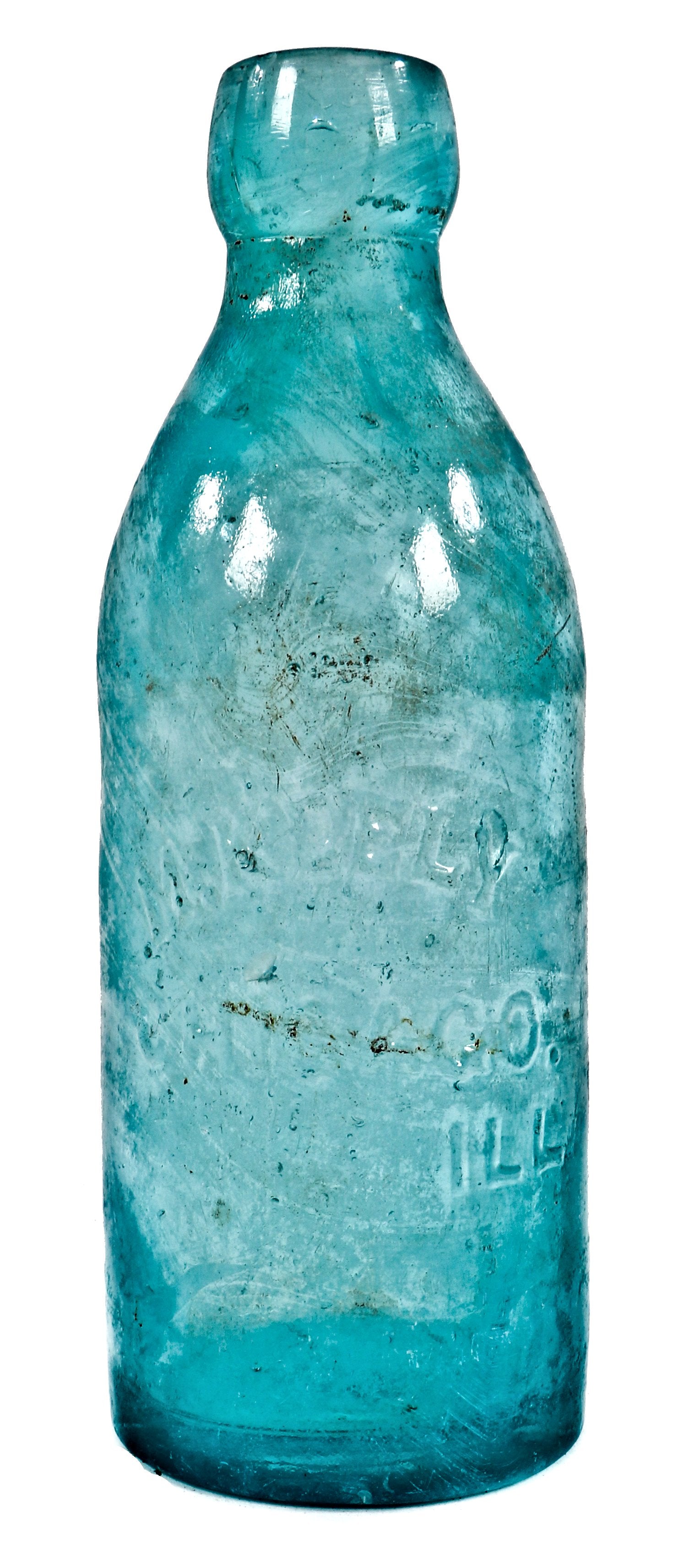 single all original antique privy dug late nineteenth century vibrantly colored blue glass soda bottle fabricated for chicago bottler michael keeley