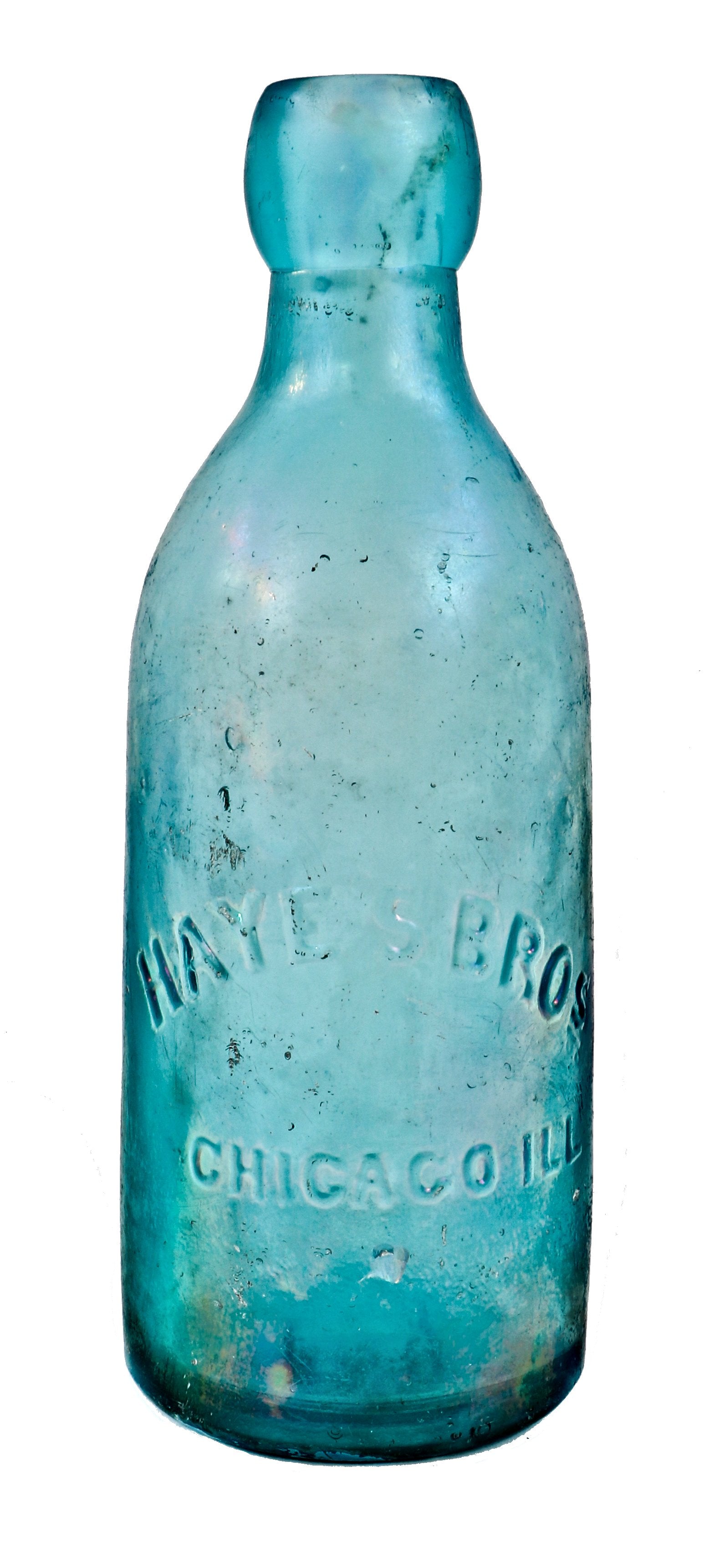 single original privy-dug intact antique late nineteenth century vibrant blue aqua soda bottle manufactured for the hayes brothers in chicago, il.