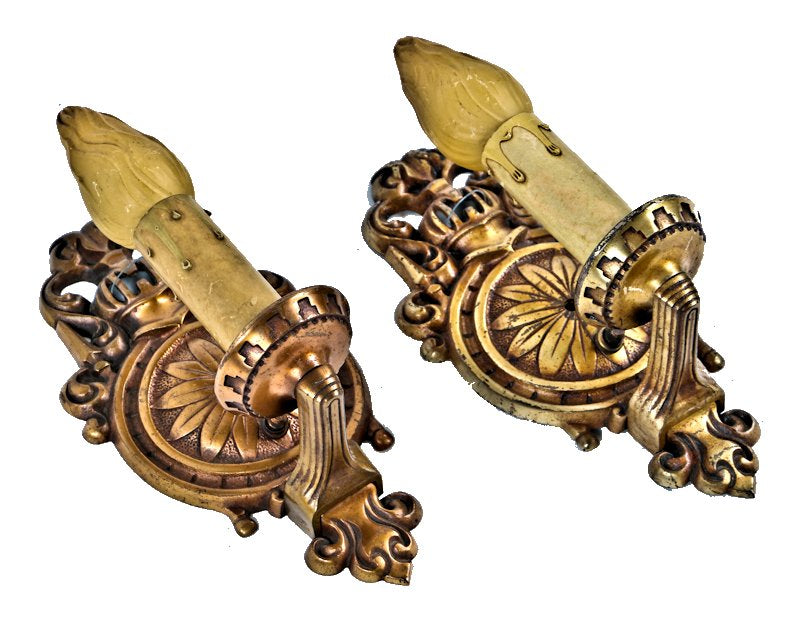 pair of all original c. 1920's antique american chicago bungalow interior residential moe-bridges ornamental cast iron wall sconces with original metallic gold-plated finish