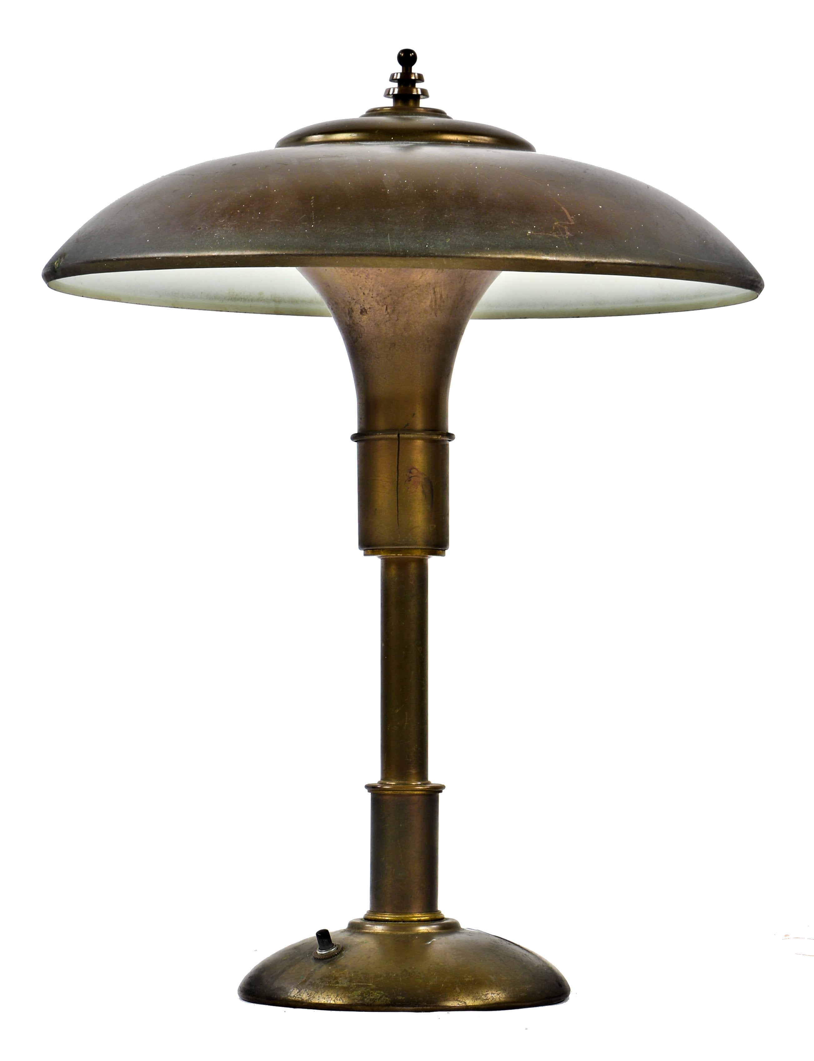 c. 1930's american depression era super streamlined art deco style all original "guardsman junior" spun brass table or desk lamp with original normandy bronze finish