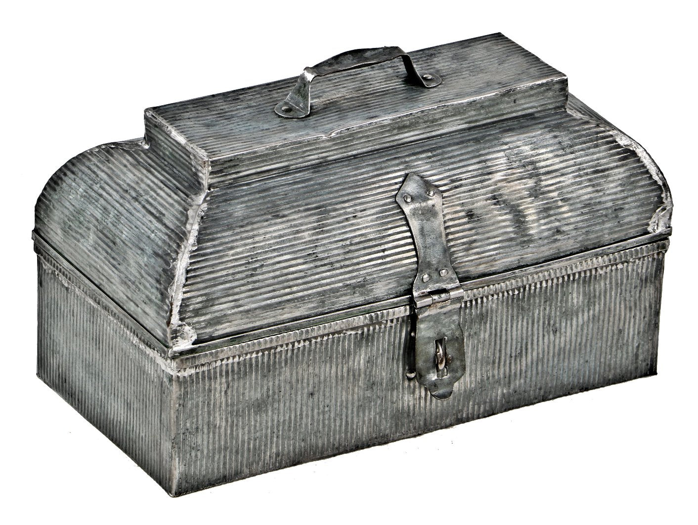 early 20th century antique american industrial corrugated tin industrial folk art portable tool chest with original heavily compartmentalized "small parts" tray