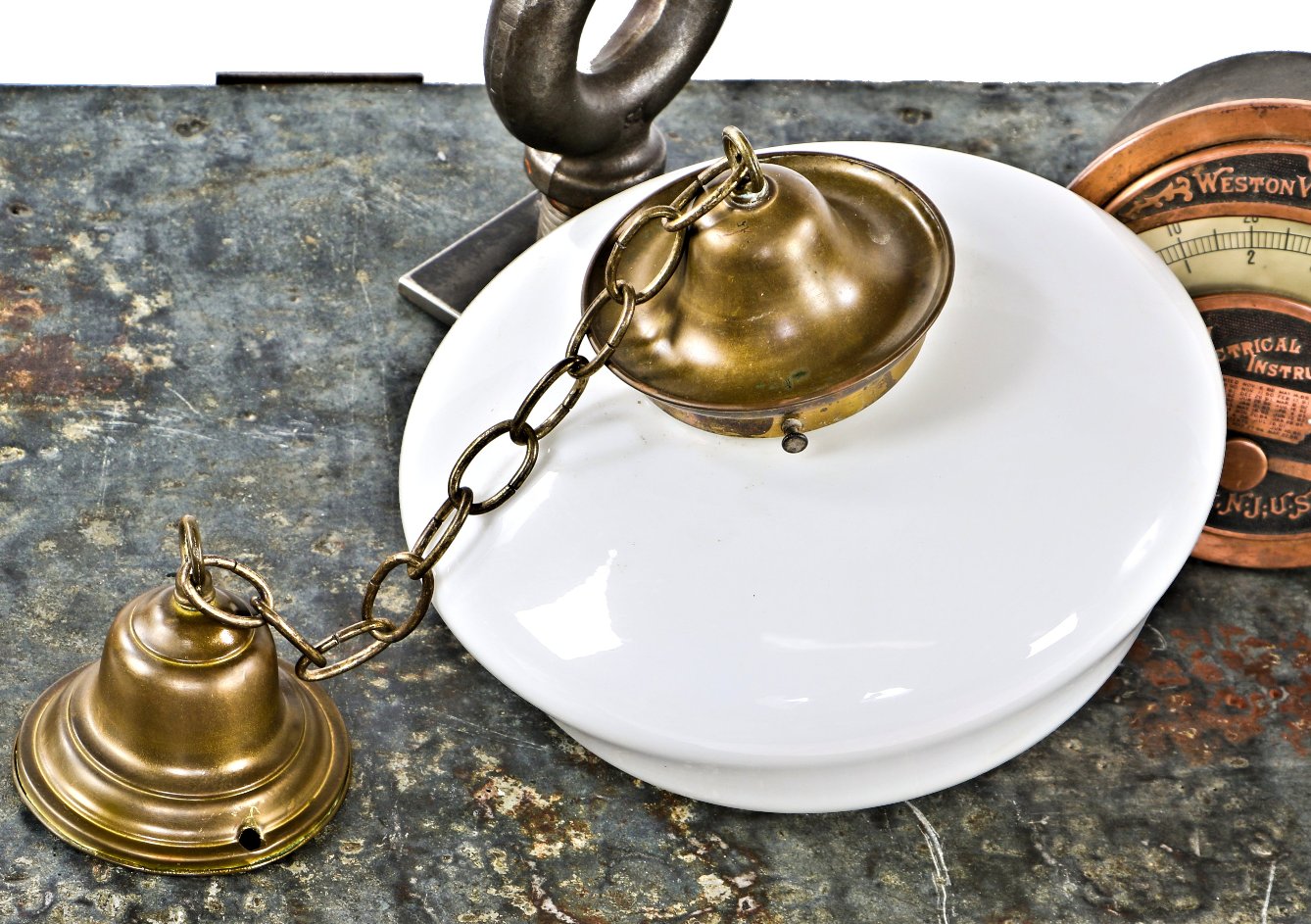 all original c. 1920's antique american "schoolhouse" style interior office building single electric pendant light with original spun brass canopy and shade fitter