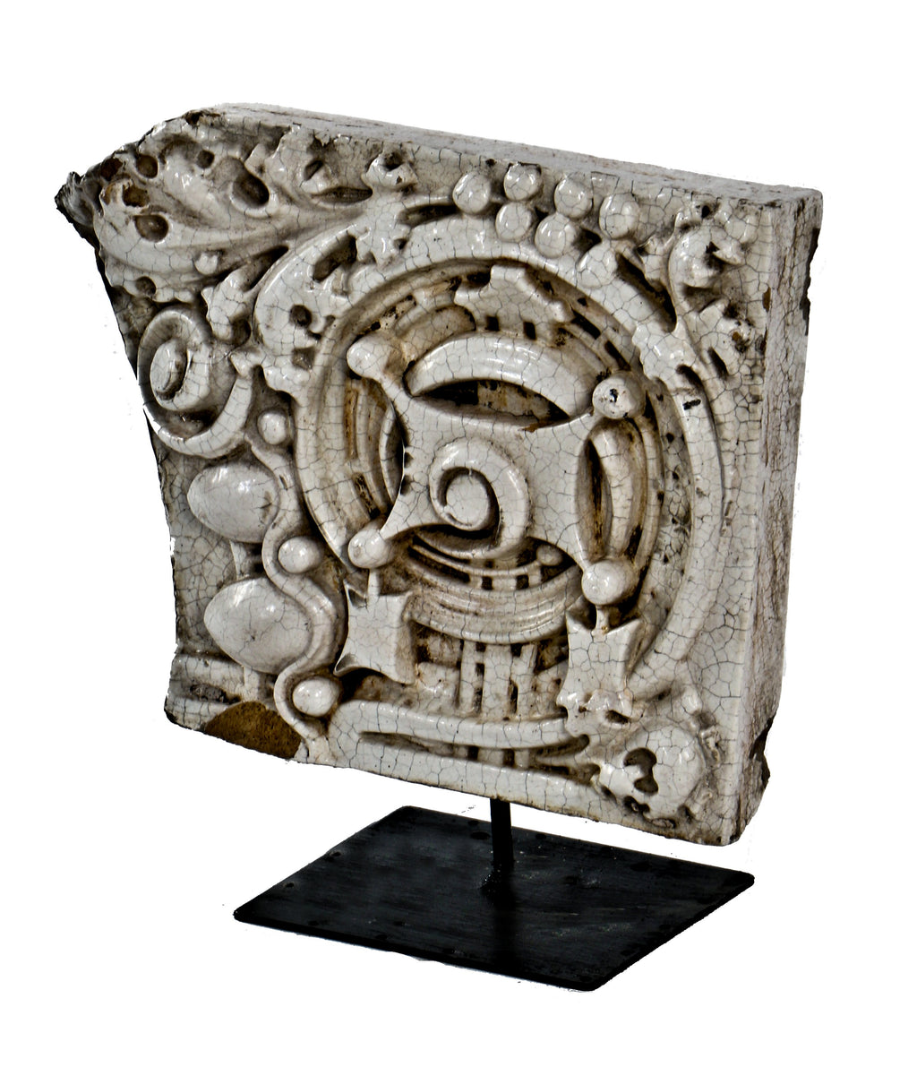 original c. 1920's american white glazed sullivanesque terra cotta chicago auto garage facade mounted panel with rear cavities removed to reduce weight