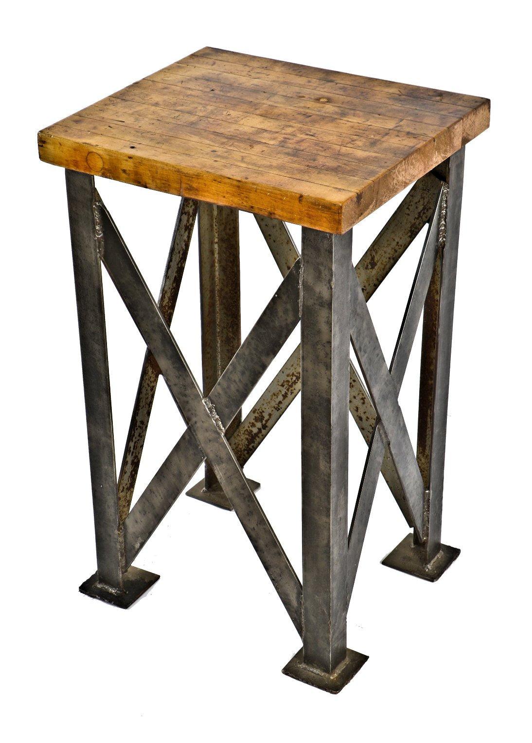 heavily reinforced early antique american industrial welded joint assembly plant workstation with extensive cross-bracing and rock solid refinished maple wood top
