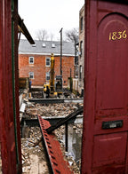 matching set of original 1870's post-fire chicago cottage painted pine wood entrance doors with archtop panels