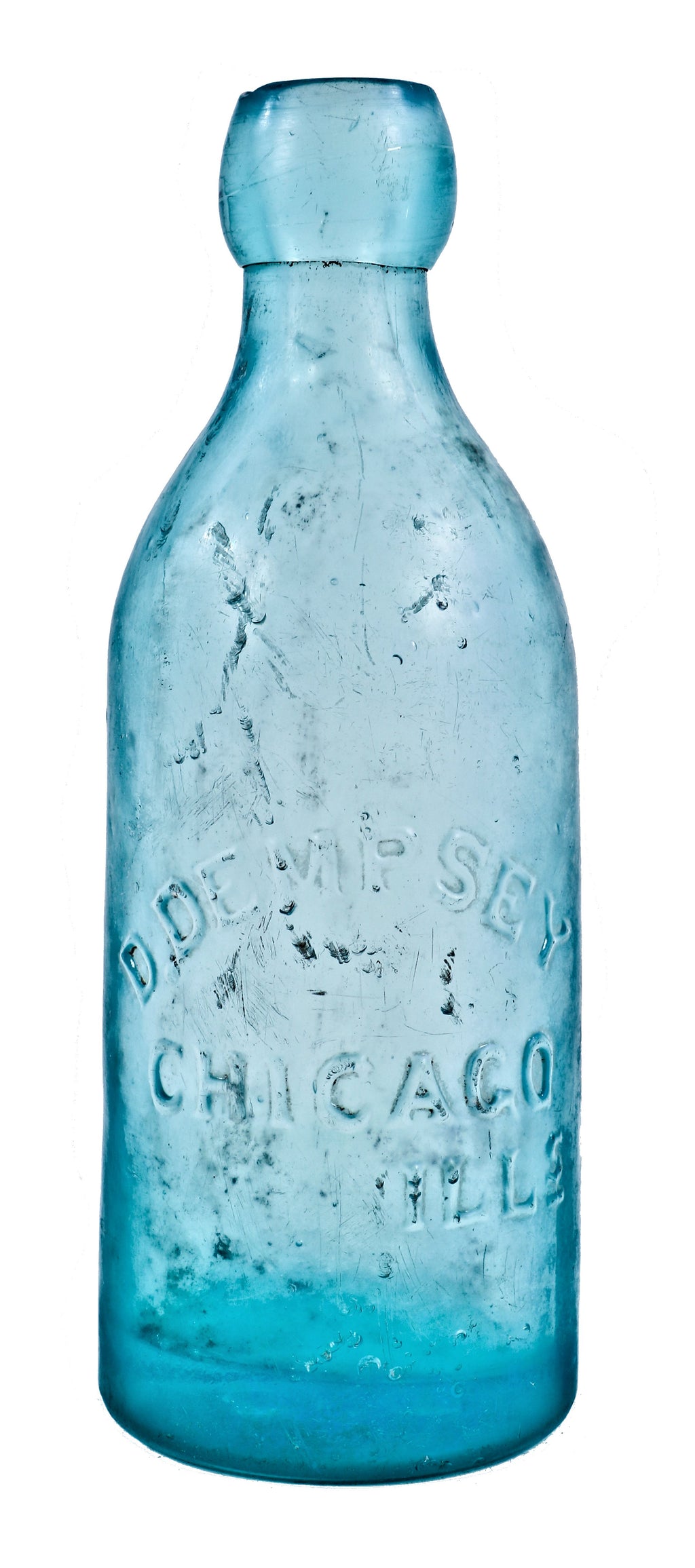 single intact privy dug antique c. 1872-1875 heavily irridized milwaukee avenue aqua blue glass pony soda bottle fabricated for chicago bottler daniel dempsey