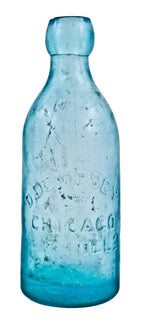single intact privy dug antique c. 1872-1875 heavily irridized milwaukee avenue aqua blue glass pony soda bottle fabricated for chicago bottler daniel dempsey