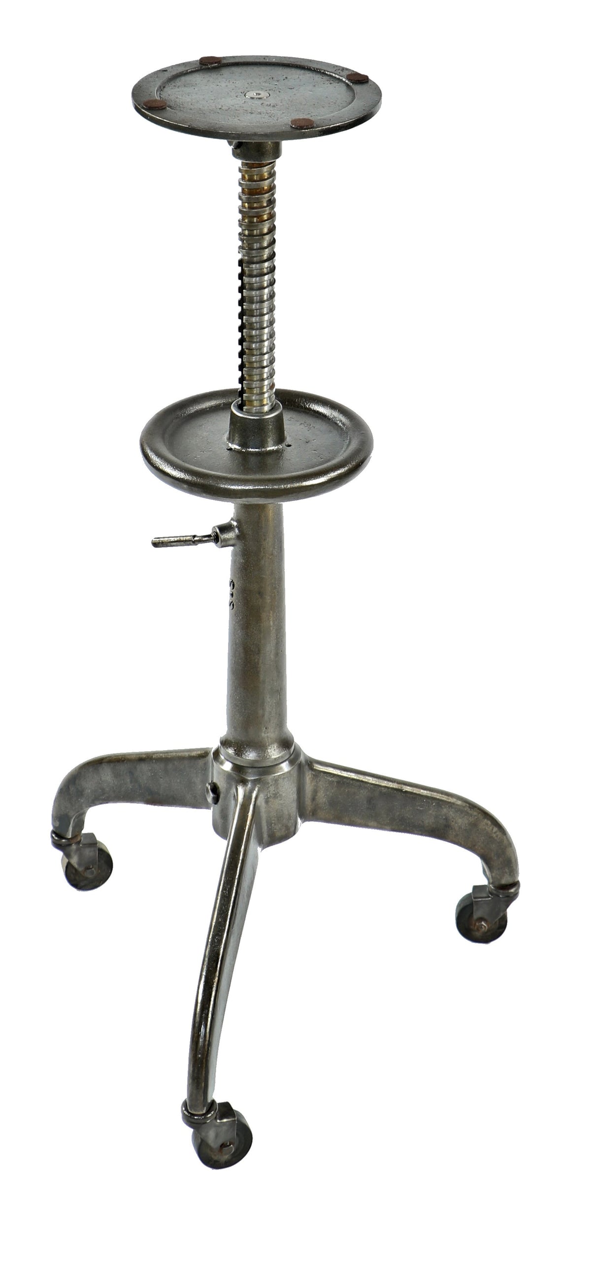 unusual early 1920's heavy duty fully adjustable refinished cast iron and steel optician's work stand with three-legged mobile base and bassick casters