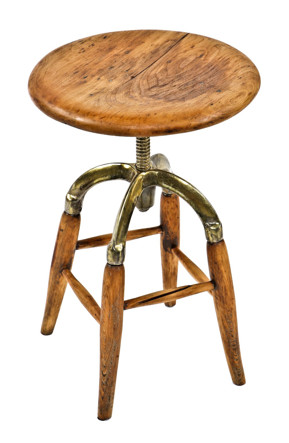 original late 19th or early 20th century antique american industrial four-legged stationary solid maple wood drafting office stool with swivel top seat