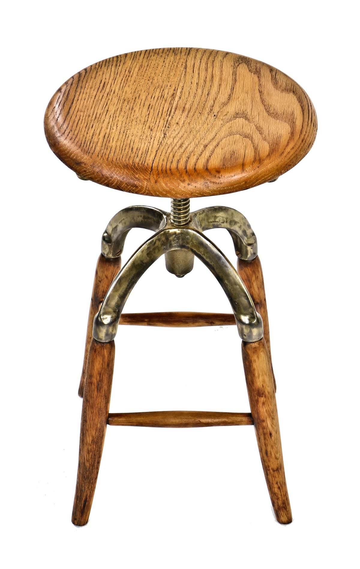 refinished late 19th or early 20th century adjustable height dietzgen four-legged drafting stool with unusual brass-plated cast iron cradle