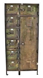 rare early 1920's original and seldom found oversized freestanding pressed and folded riveted joint sheet iron self-contained locker unit with knob handles