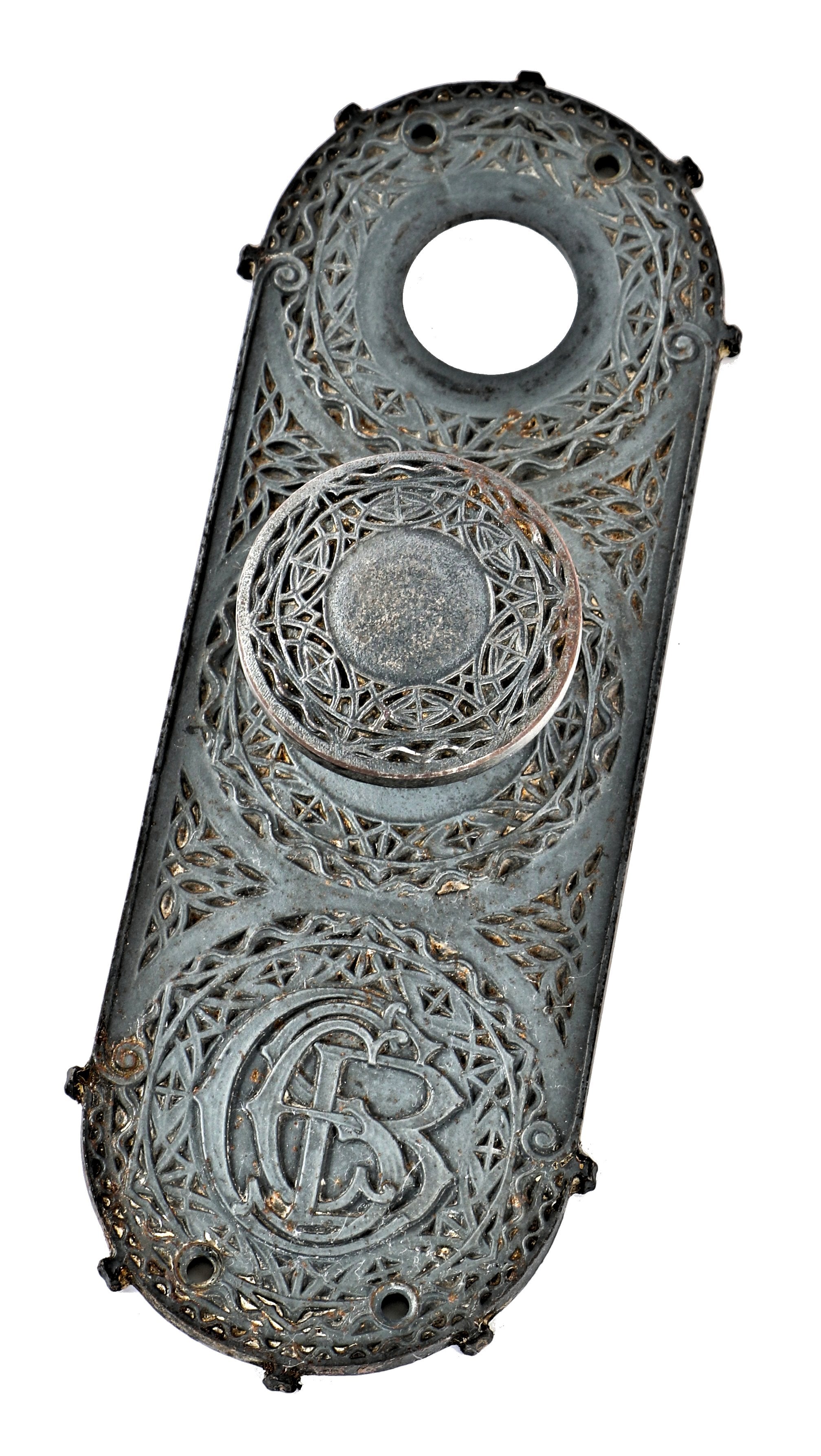 original and completely intact c. 1890's louis h. sullivan-designed chicago stock exchange building monogrammed ornamental cast iron backplate and doorknob