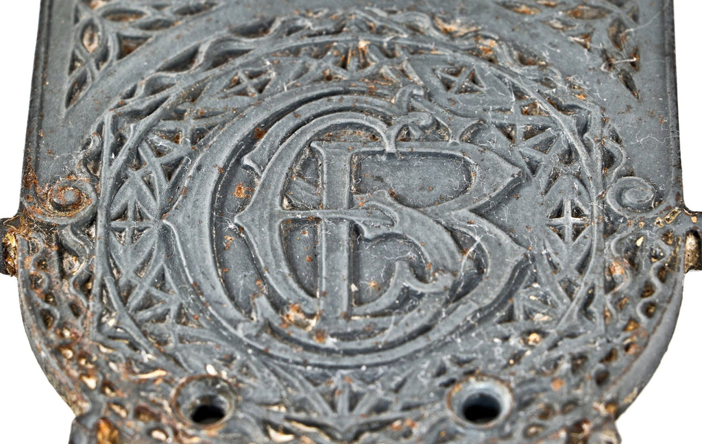 original and completely intact c. 1890's louis h. sullivan-designed chicago stock exchange building monogrammed ornamental cast iron backplate and doorknob