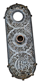 original c. 1895 ornamental cast iron chicago stock exchange building monogrammed interior office door backplate or escutcheon with bower-barff finish